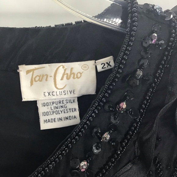 Tan Chho Vintage Beaded Sequined Silk Jacket Ribboned Detail Party Blk Size 2X - Picture 3 of 6